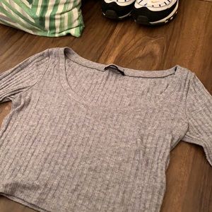 Long Sleeve Ribbed Low Cut Crop Top